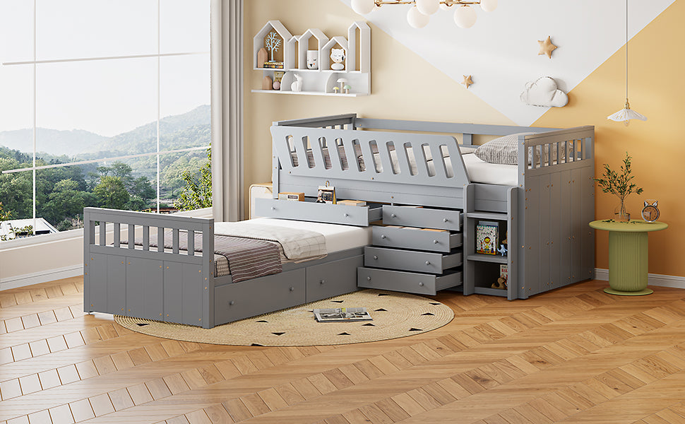 Gray Twin Loft & Platform Bed with 7 Drawers - Space Saving Storage for Bedroom