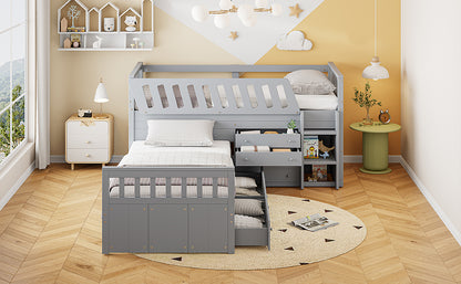 Gray Twin Loft & Platform Bed with 7 Drawers - Space Saving Storage for Bedroom