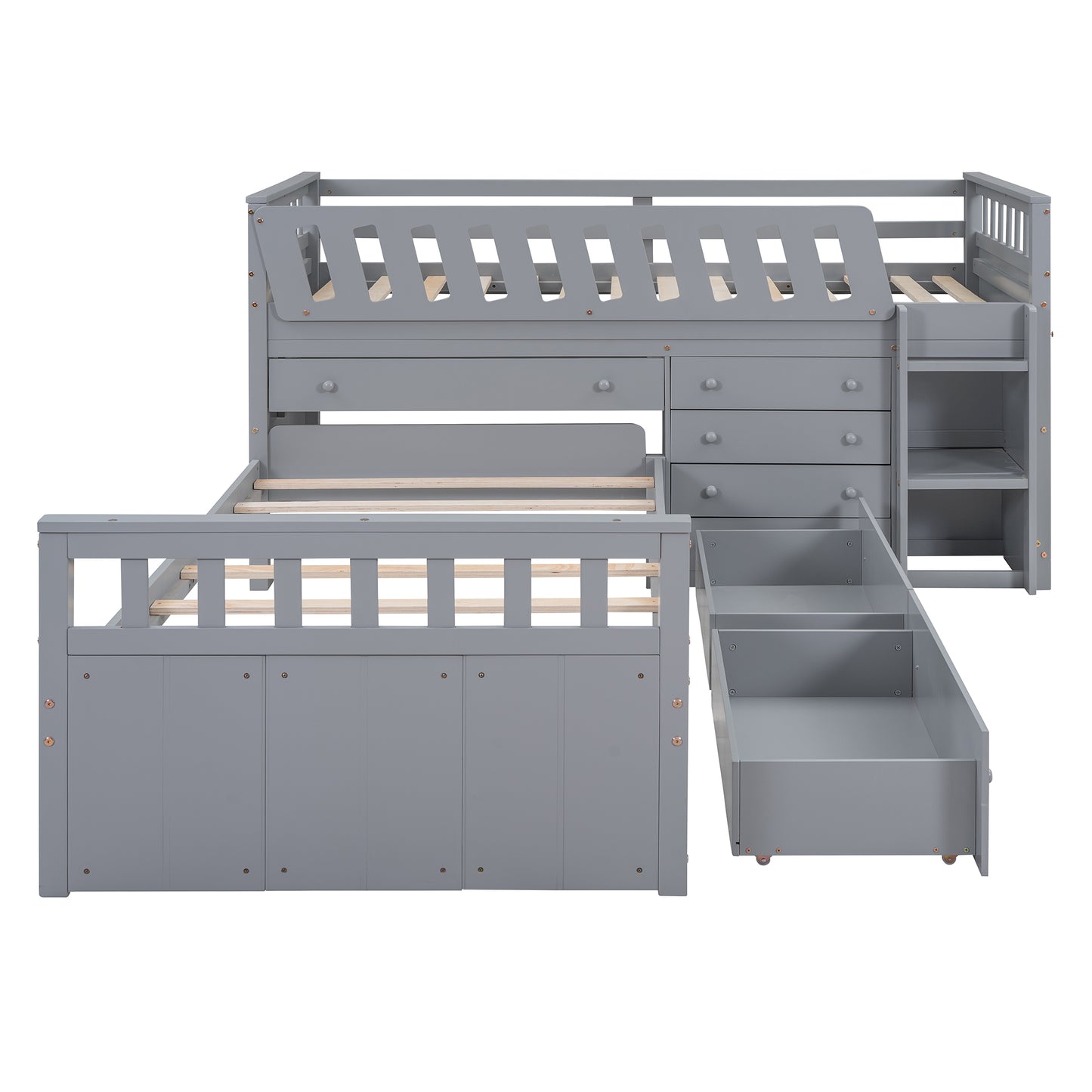 Gray Twin Loft & Platform Bed with 7 Drawers - Space Saving Storage for Bedroom