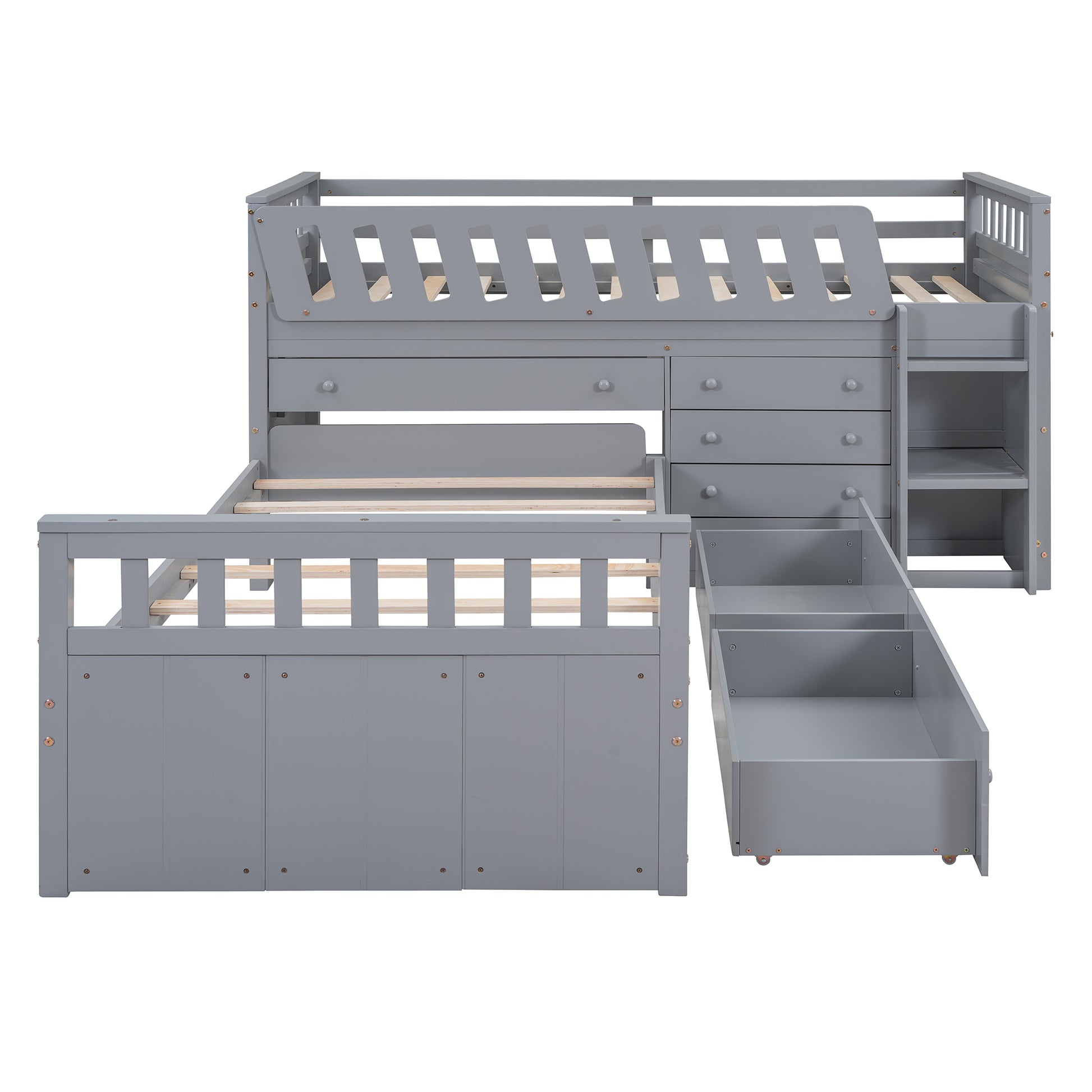 Gray Twin Loft & Platform Bed with 7 Drawers - Space Saving Storage for Bedroom