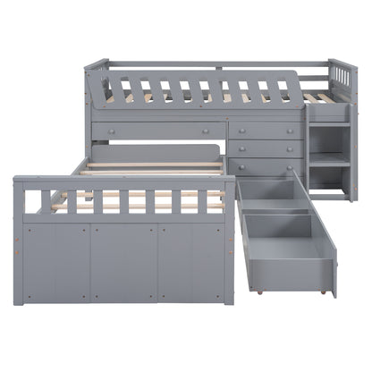 Gray Twin Loft & Platform Bed with 7 Drawers - Space Saving Storage for Bedroom