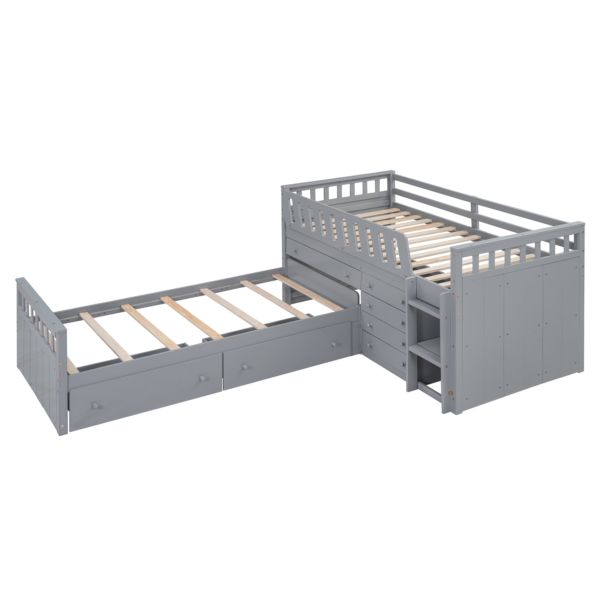 Gray Twin Loft & Platform Bed with 7 Drawers - Space Saving Storage for Bedroom