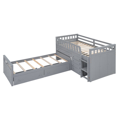Gray Twin Loft & Platform Bed with 7 Drawers - Space Saving Storage for Bedroom
