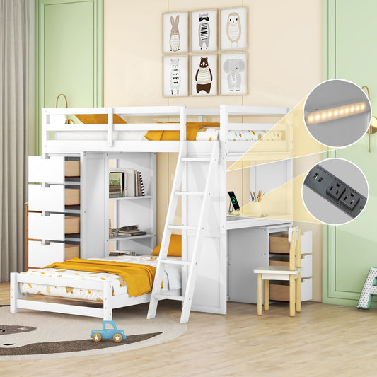 Twin over Twin Bunk Bed with LED Light and USB Ports, White(OLD SKU:LT001218AAK)