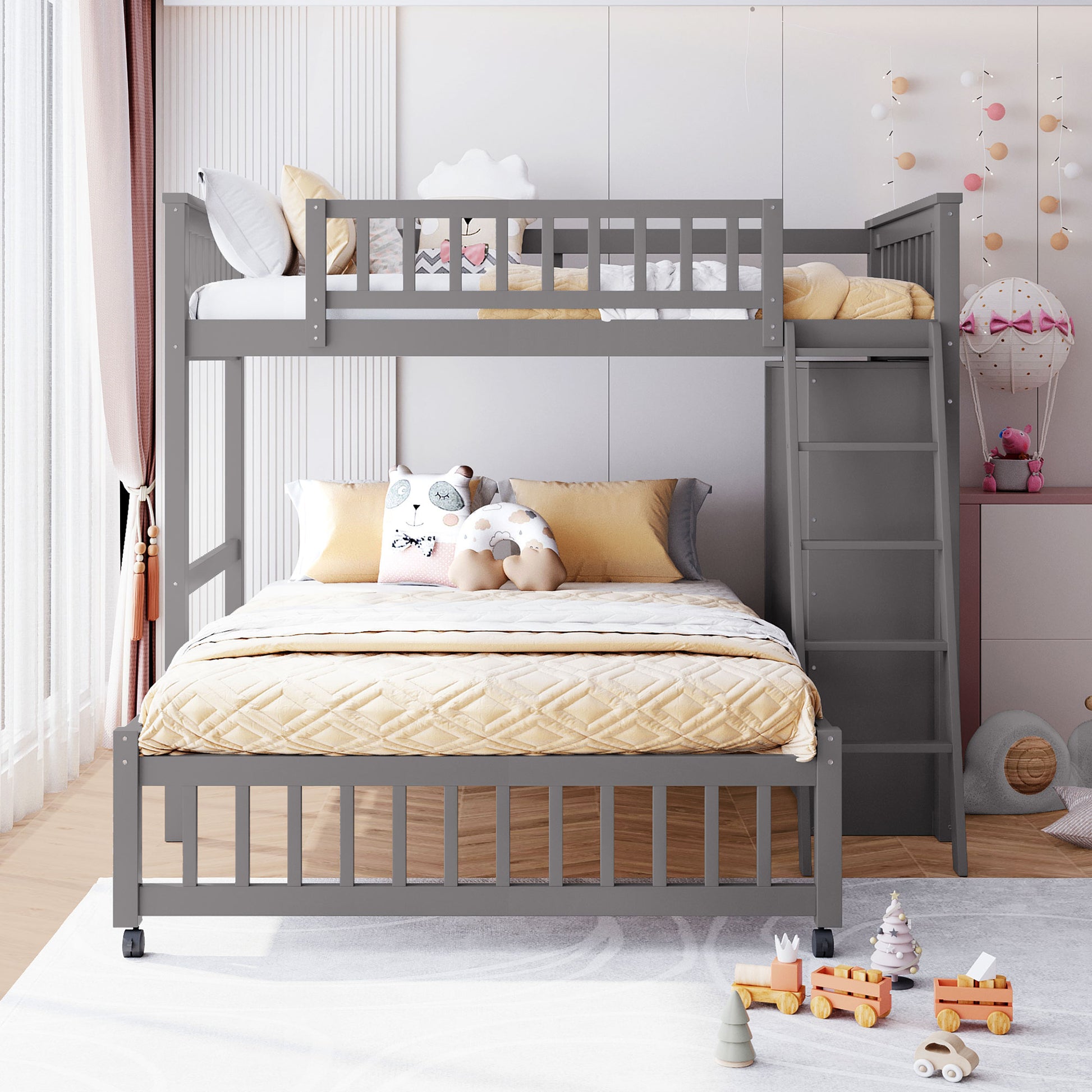 Twin Over Full Bunk Bed - Gray Solid Wood Frame