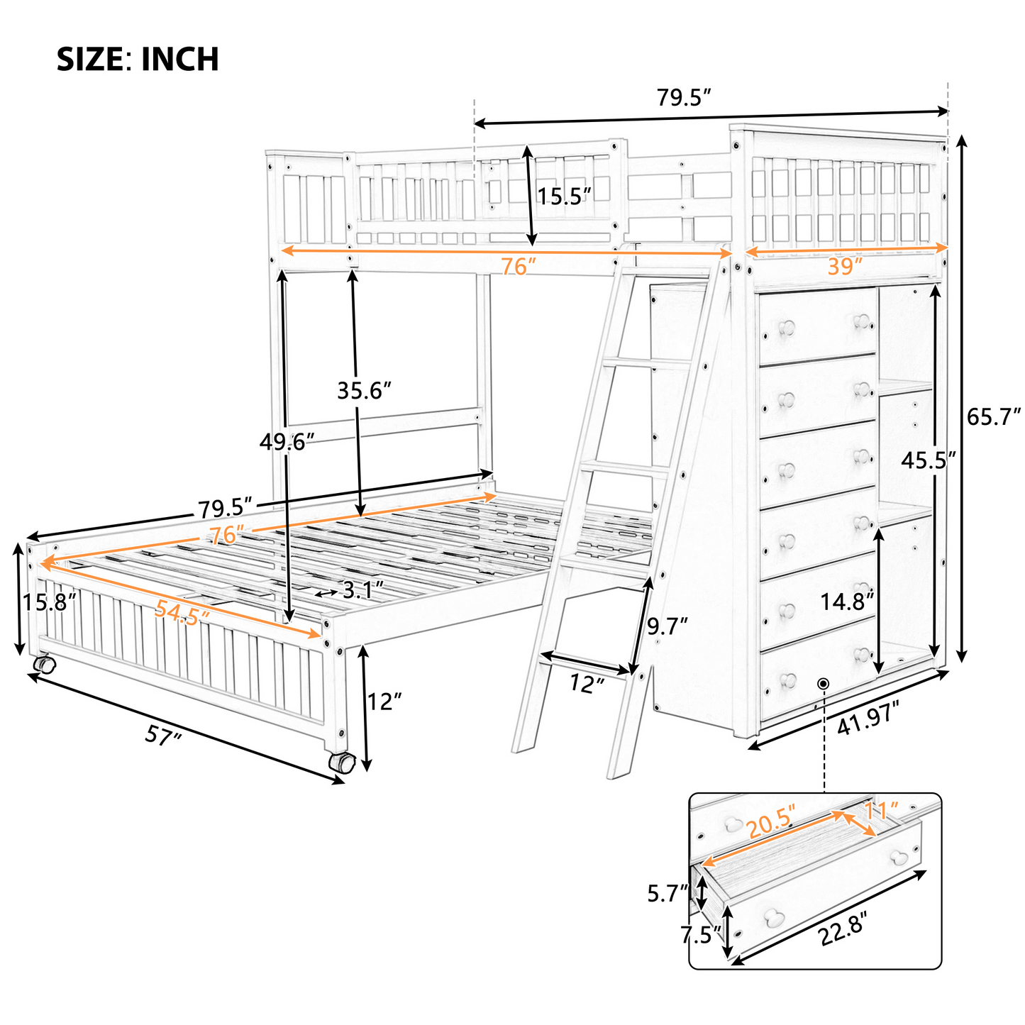 Twin Over Full Bunk Bed - Gray Solid Wood Frame