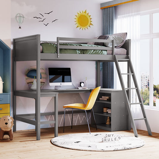 Twin size Loft Bed with Shelves and Desk, Wooden Loft Bed with Desk - Gray(OLD SKU:LT001537AAE)