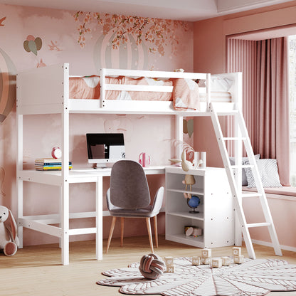 Twin size Loft Bed with Shelves and Desk, Wooden Loft Bed with Desk - White(OLD SKU:LT001537AAK)
