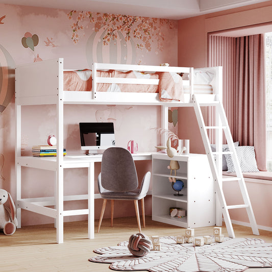 Twin size Loft Bed with Shelves and Desk, Wooden Loft Bed with Desk - White(OLD SKU:LT001537AAK)
