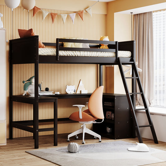Twin size Loft Bed with Shelves and Desk, Wooden Loft Bed with Desk - Espresso(OLD SKU:LT001537AAP)