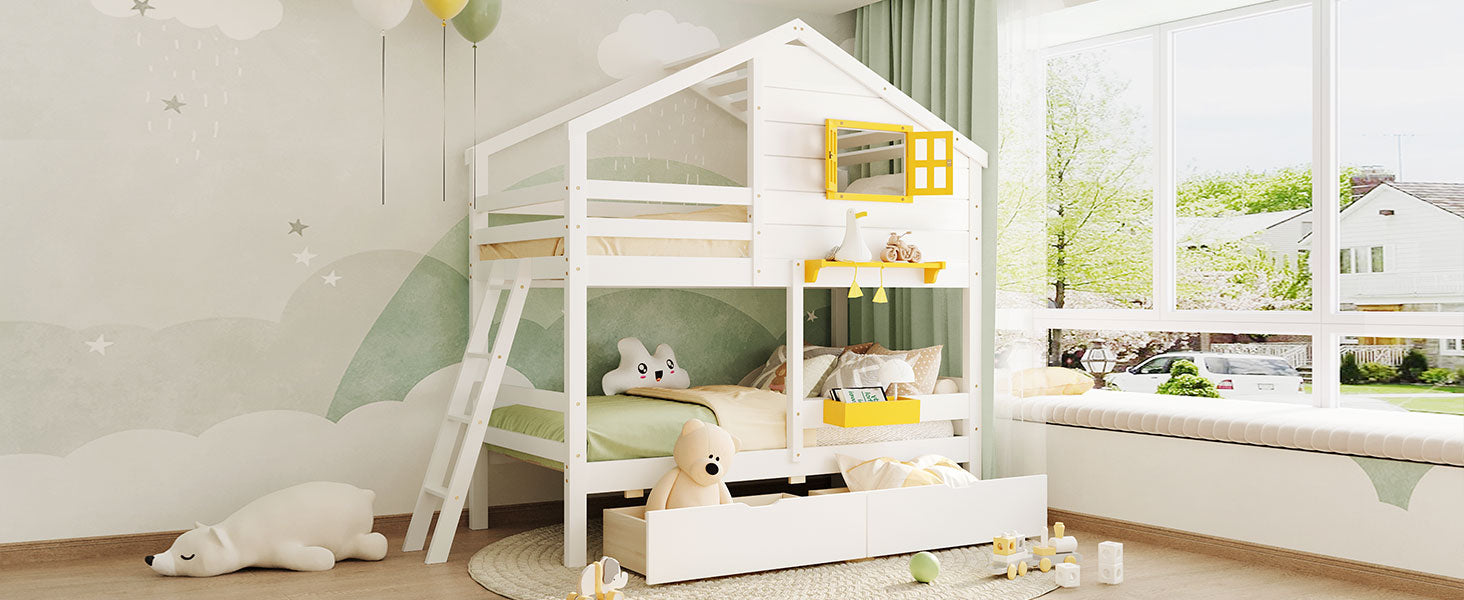 Twin Over Twin Bunk Bed - White Solid Wood Frame