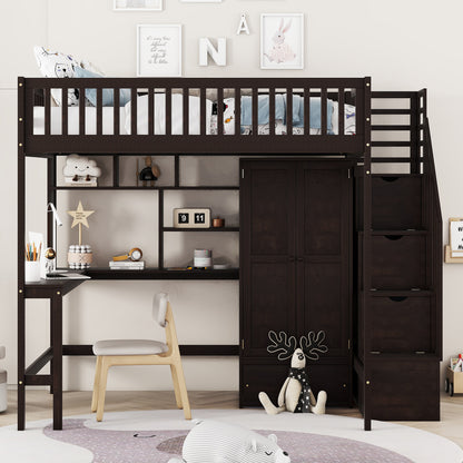 Espresso Solid Wood Full Bed Frame with Storage for Bedroom