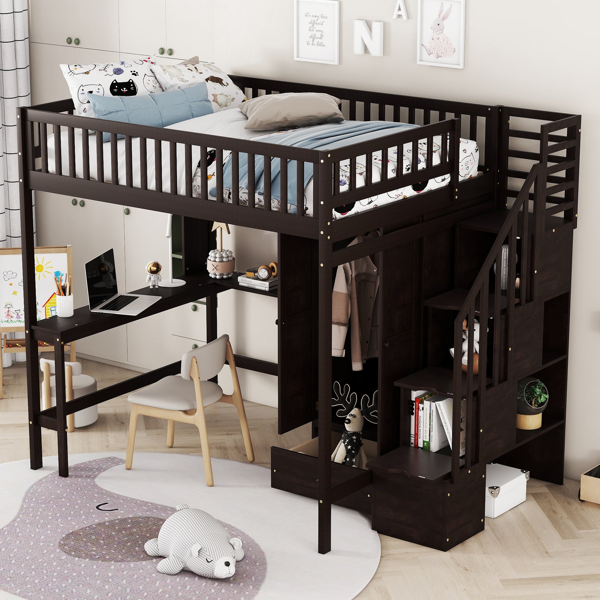 Espresso Solid Wood Full Bed Frame with Storage for Bedroom