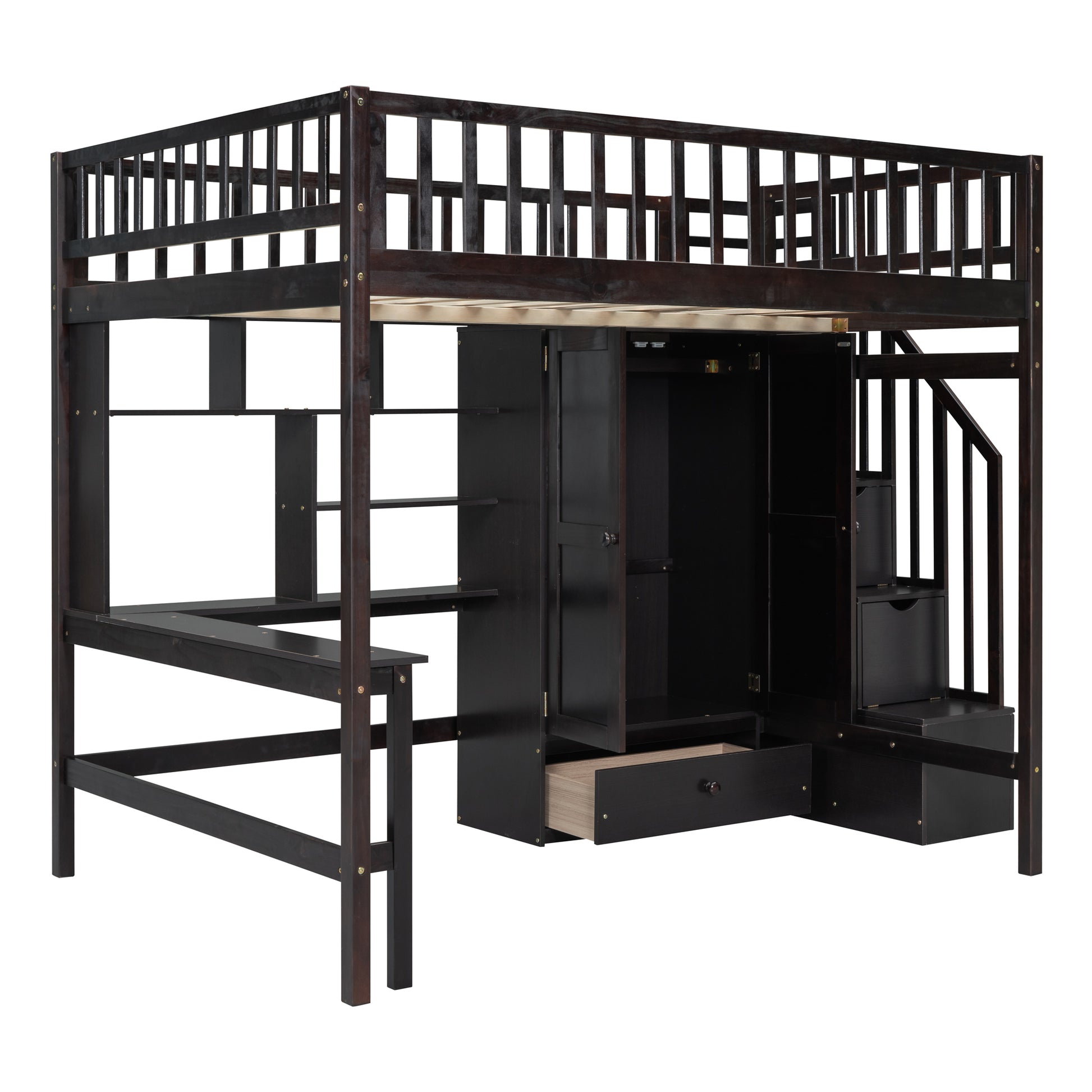 Espresso Solid Wood Full Bed Frame with Storage for Bedroom