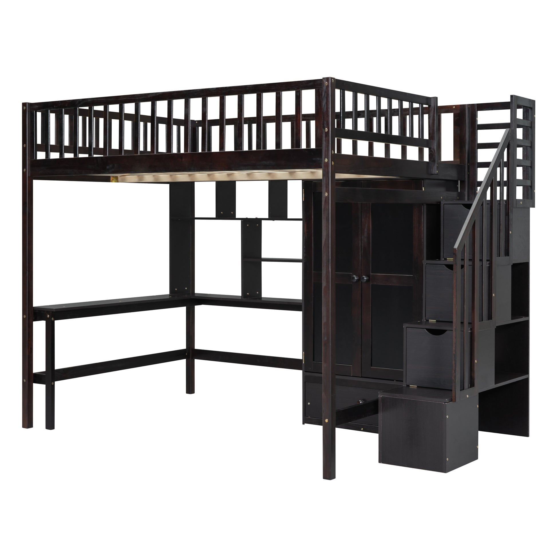 Espresso Solid Wood Full Bed Frame with Storage for Bedroom