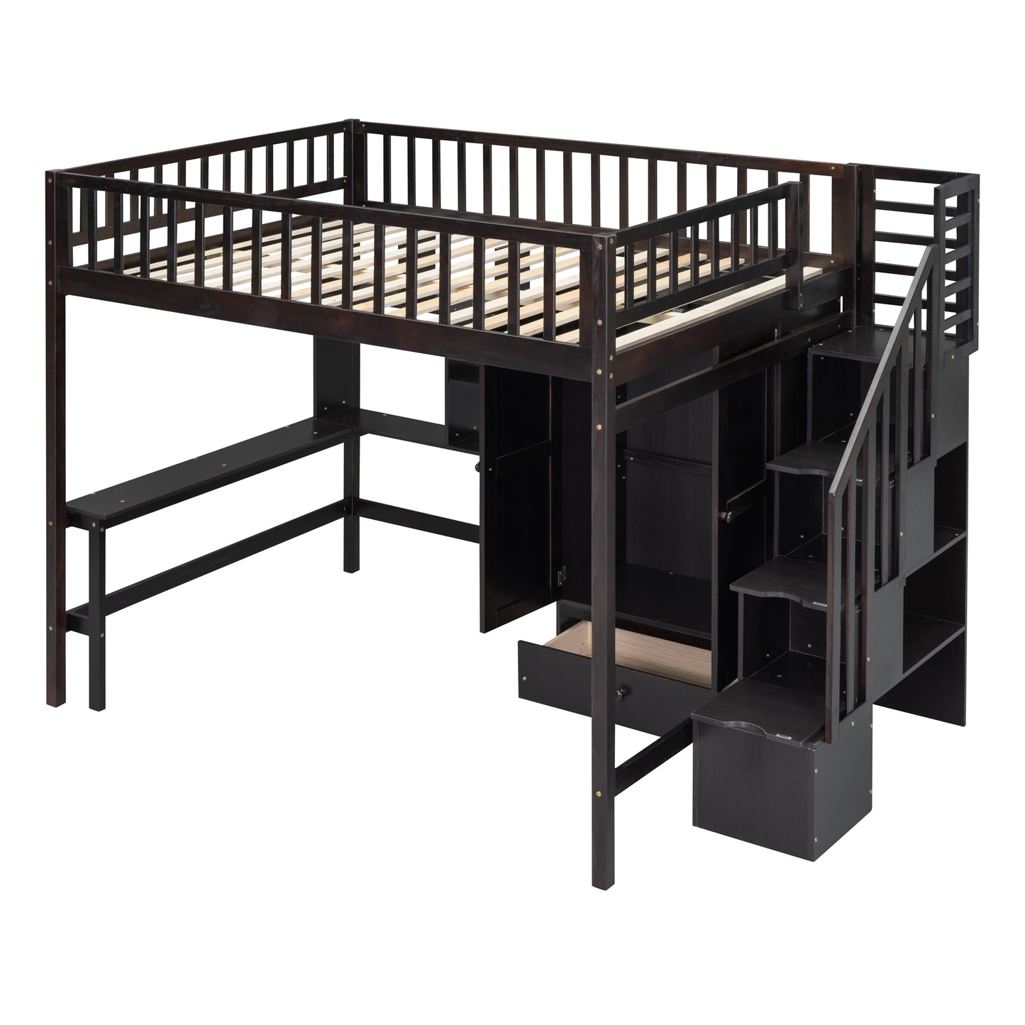 Espresso Solid Wood Full Bed Frame with Storage for Bedroom
