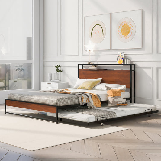 Queen Size Metal Platform Bed Frame with Trundle, USB Ports and Slat Support ,No Box Spring Needed Black(old sku: MF299542AAB)