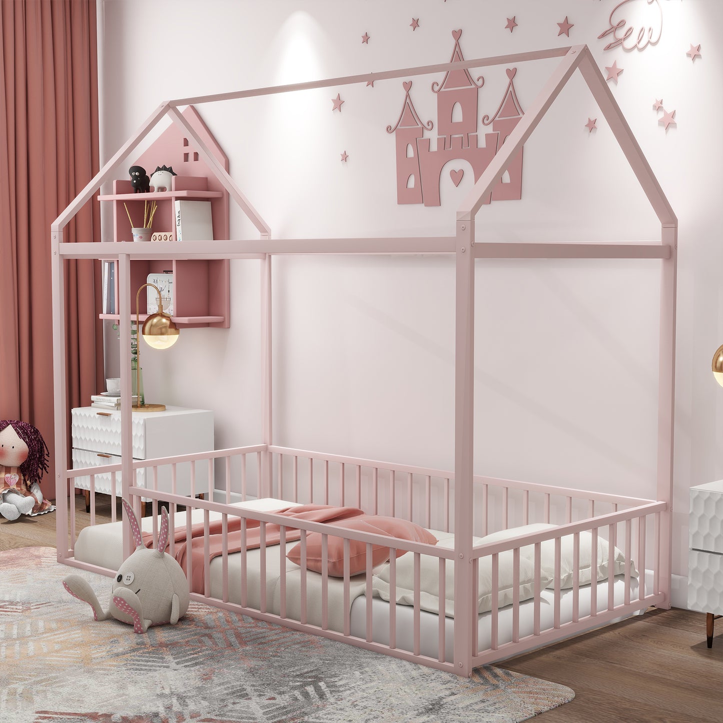 Twin Size Metal House Bed Frame, Pink Kids Bed for Bedroom
