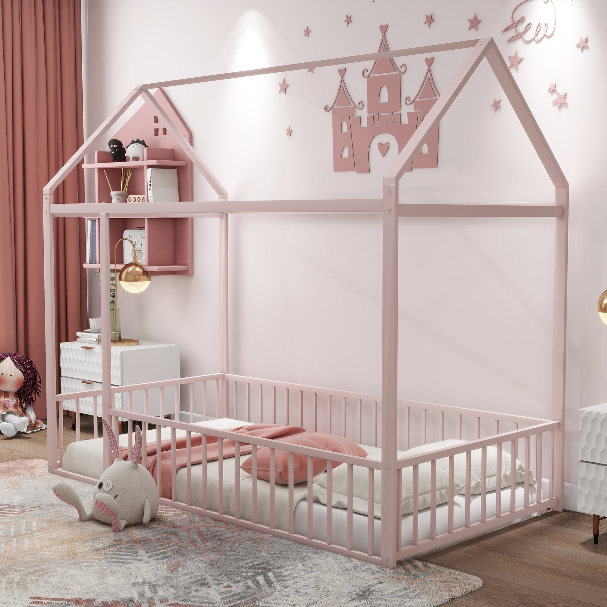 Twin Size Metal House Bed Frame, Pink Kids Bed for Bedroom