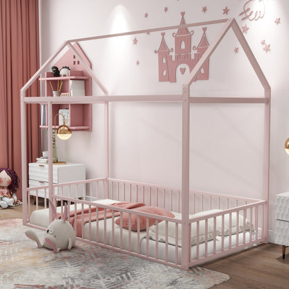 Twin Size Metal House Bed Frame, Pink Kids Bed for Bedroom