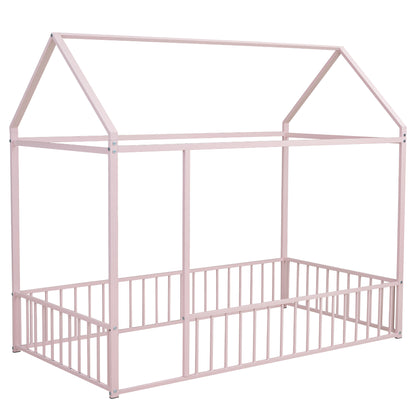 Twin Size Metal House Bed Frame, Pink Kids Bed for Bedroom