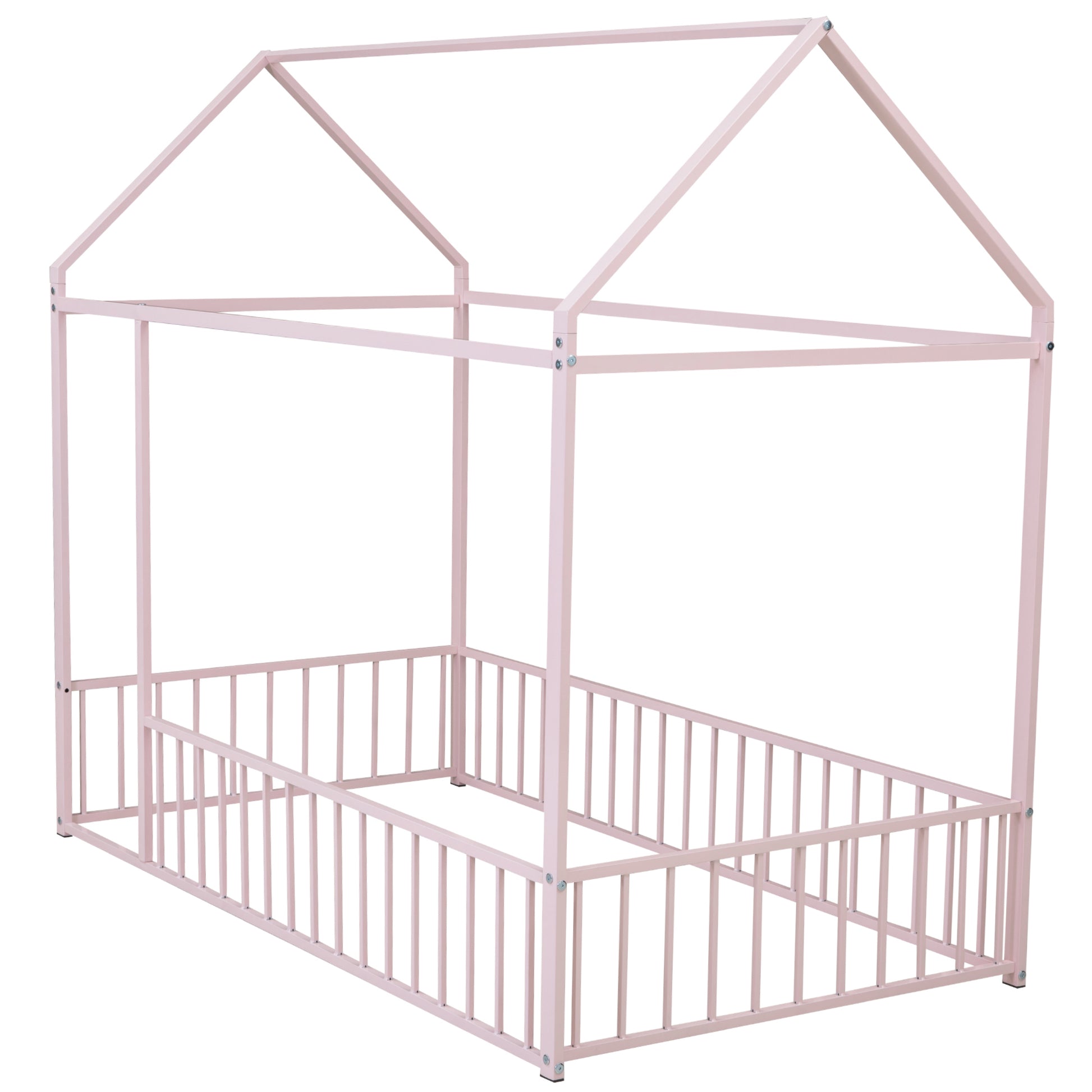 Twin Size Metal House Bed Frame, Pink Kids Bed for Bedroom