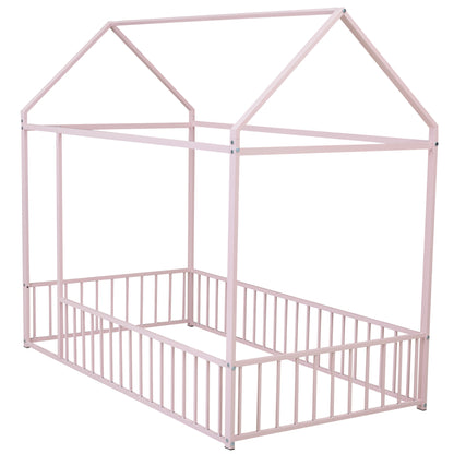 Twin Size Metal House Bed Frame, Pink Kids Bed for Bedroom