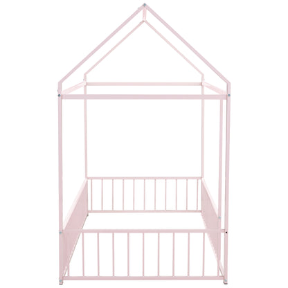 Twin Size Metal House Bed Frame, Pink Kids Bed for Bedroom