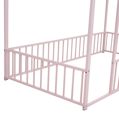 Twin Size Metal House Bed Frame, Pink Kids Bed for Bedroom