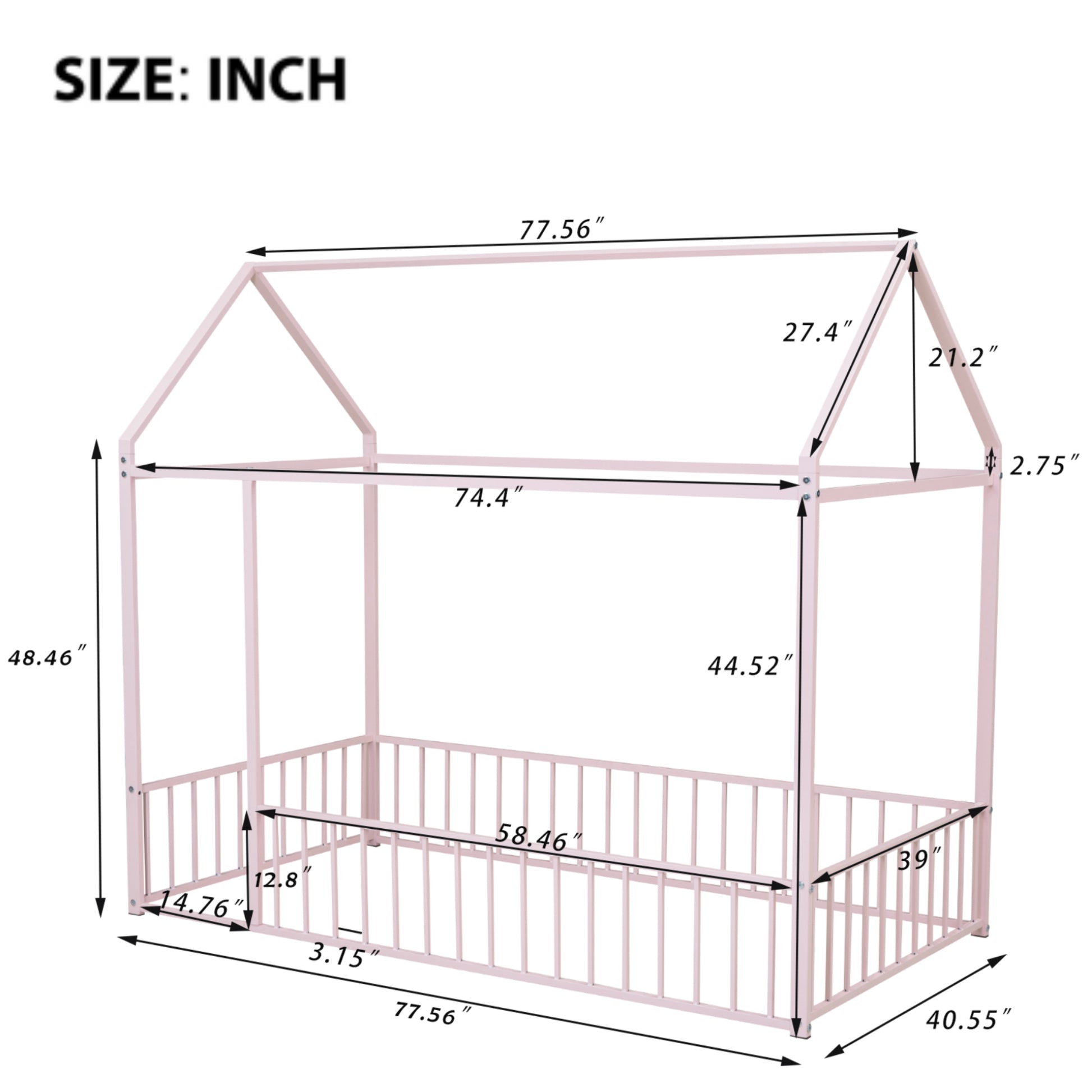 Twin Size Metal House Bed Frame, Pink Kids Bed for Bedroom