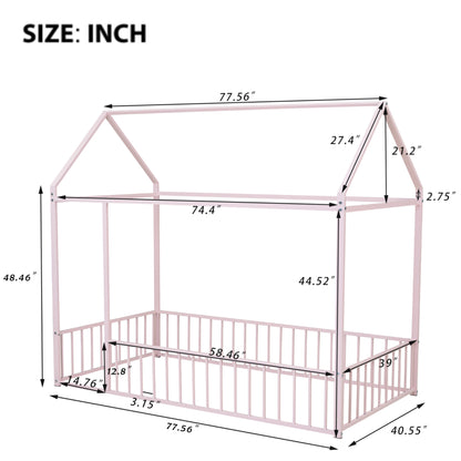 Twin Size Metal House Bed Frame, Pink Kids Bed for Bedroom