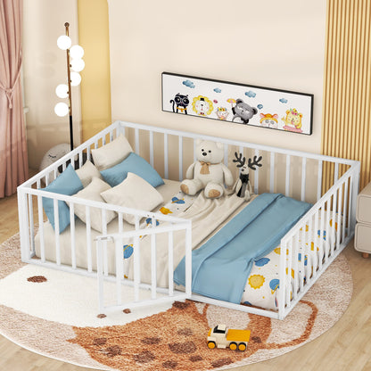 Full Size Metal Floor Bed Frame with Fence and Door, White