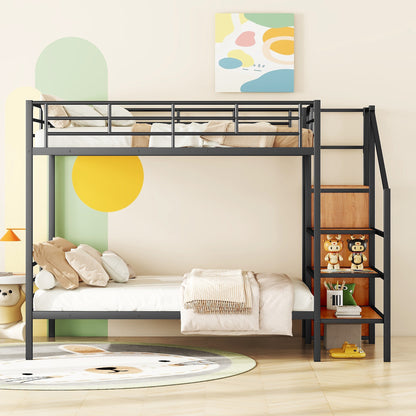 Black Iron Bunk Bed with Storage Ladder & Wardrobe for Bedroom