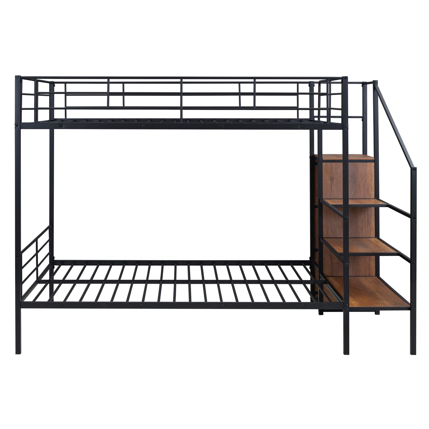 Black Iron Bunk Bed with Storage Ladder & Wardrobe for Bedroom