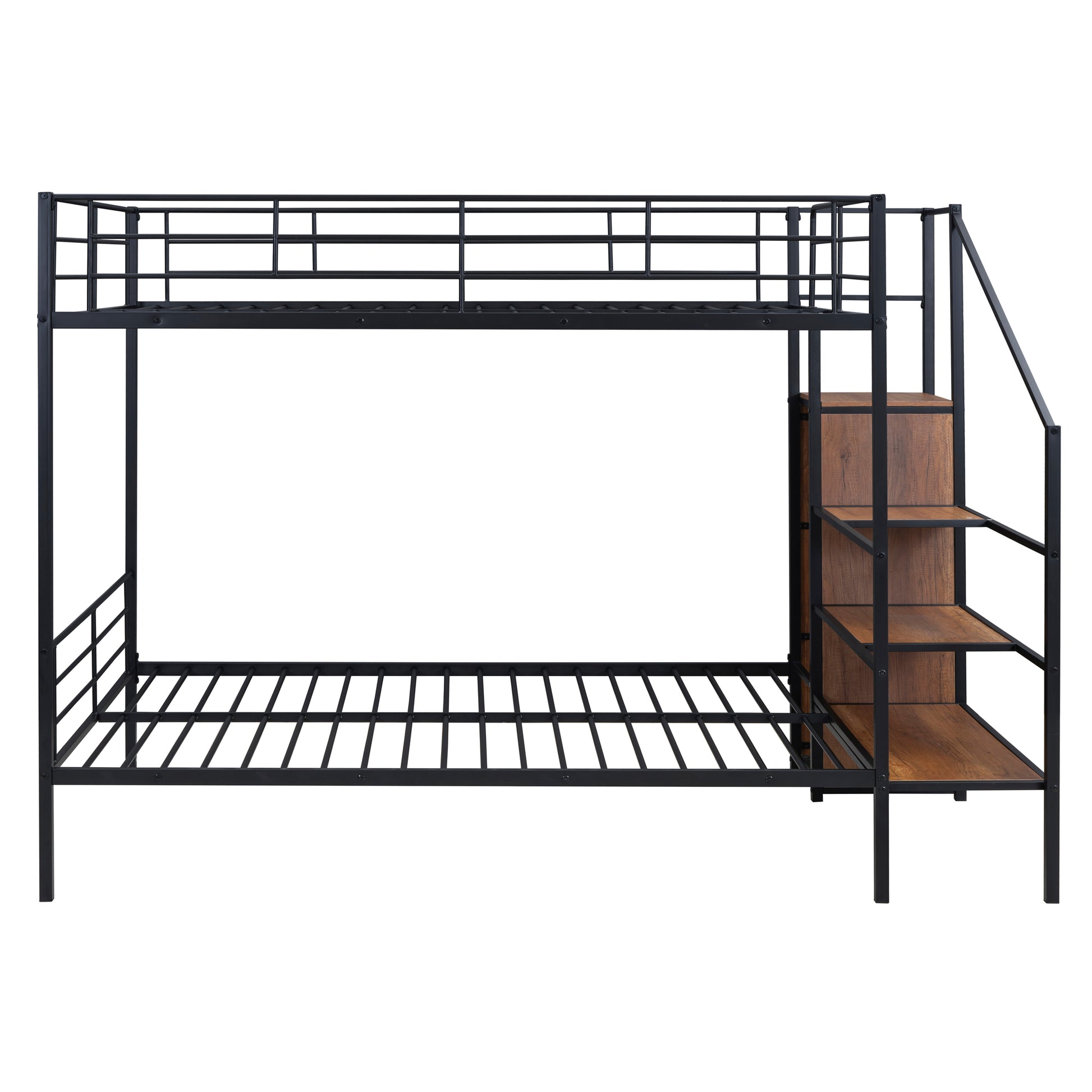 Black Iron Bunk Bed with Storage Ladder & Wardrobe for Bedroom