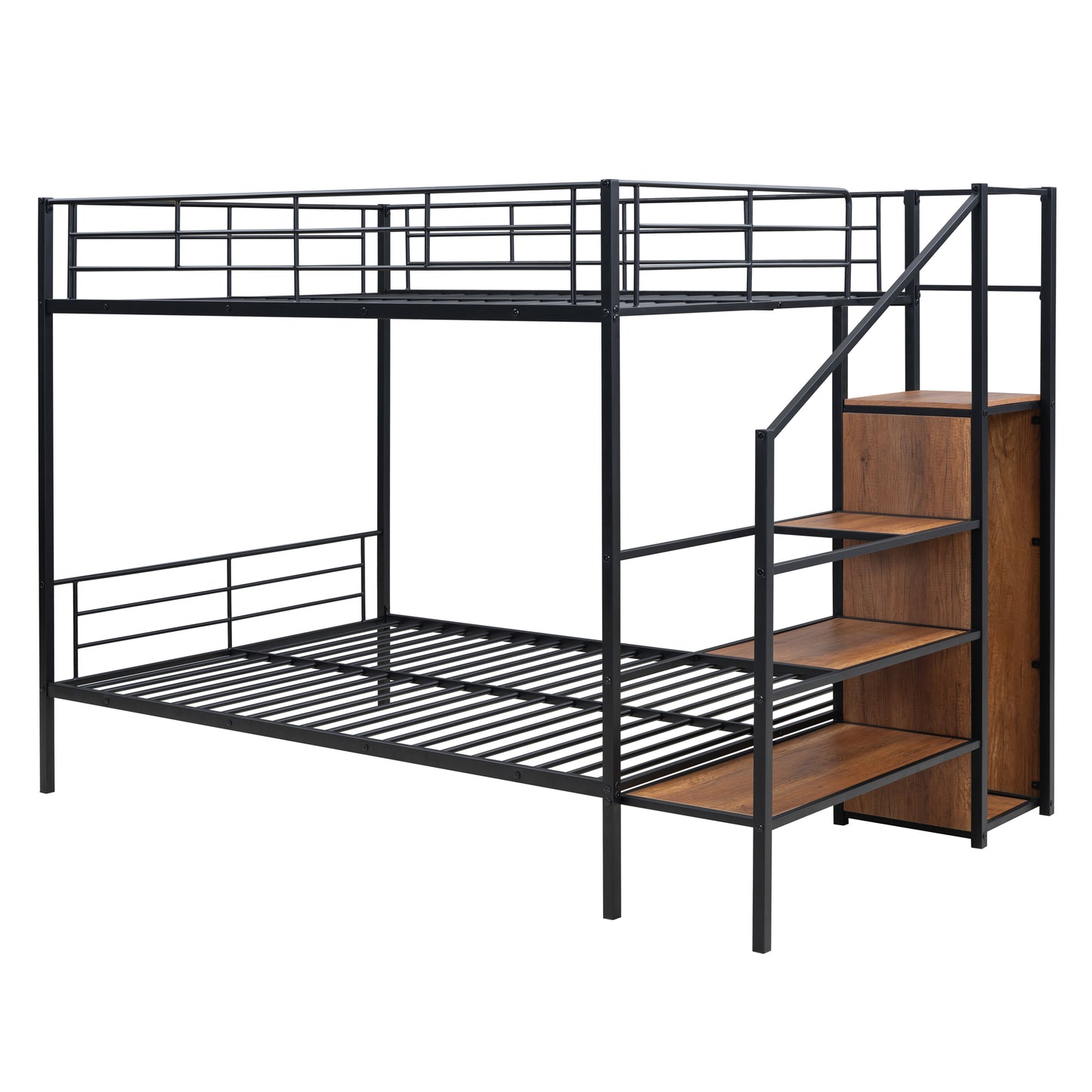Black Iron Bunk Bed with Storage Ladder & Wardrobe for Bedroom
