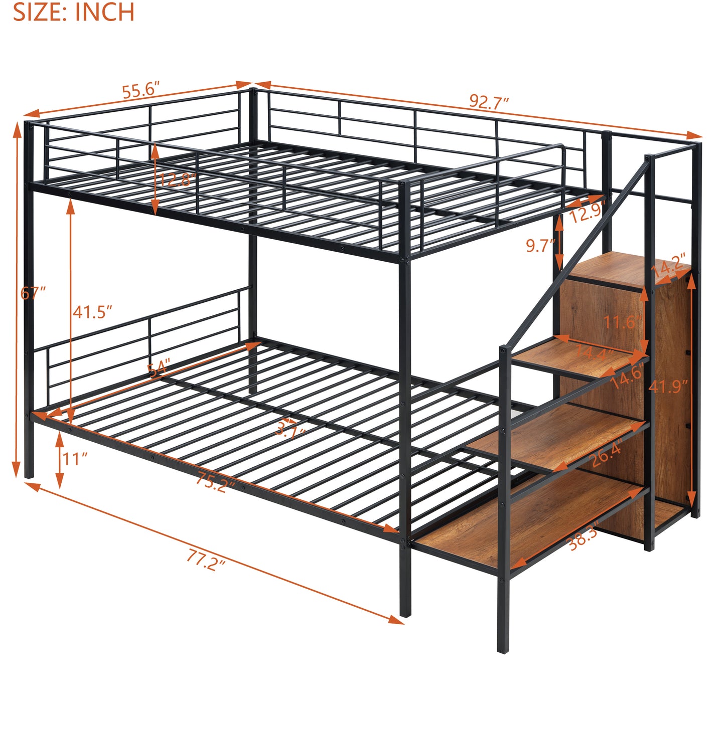 Black Iron Bunk Bed with Storage Ladder & Wardrobe for Bedroom