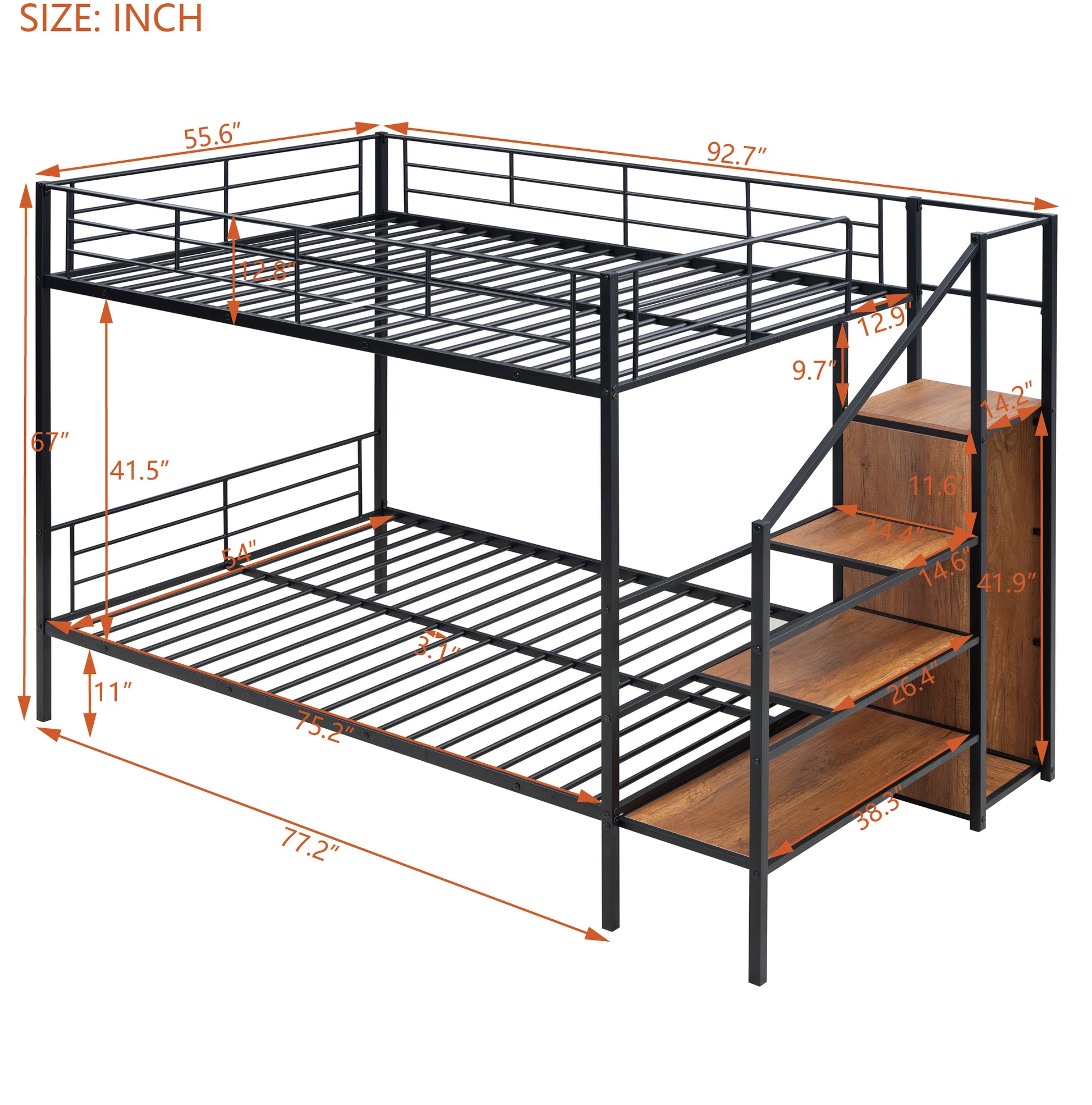 Black Iron Bunk Bed with Storage Ladder & Wardrobe for Bedroom