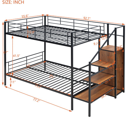 Black Iron Bunk Bed with Storage Ladder & Wardrobe for Bedroom