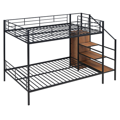 Black Iron Bunk Bed with Storage Ladder & Wardrobe for Bedroom