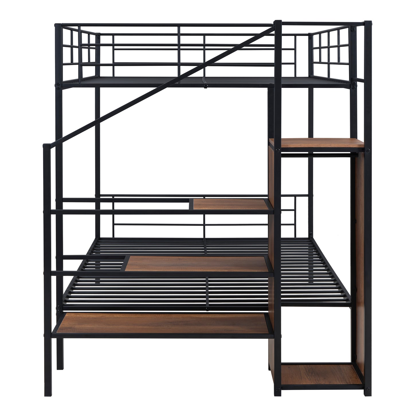 Black Iron Bunk Bed with Storage Ladder & Wardrobe for Bedroom