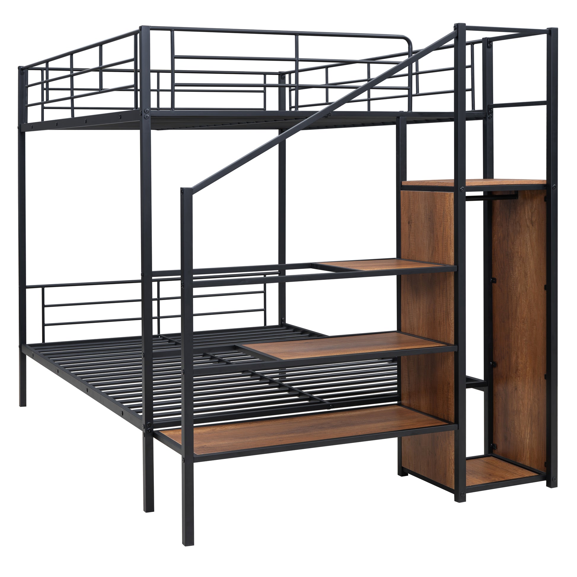 Black Iron Bunk Bed with Storage Ladder & Wardrobe for Bedroom