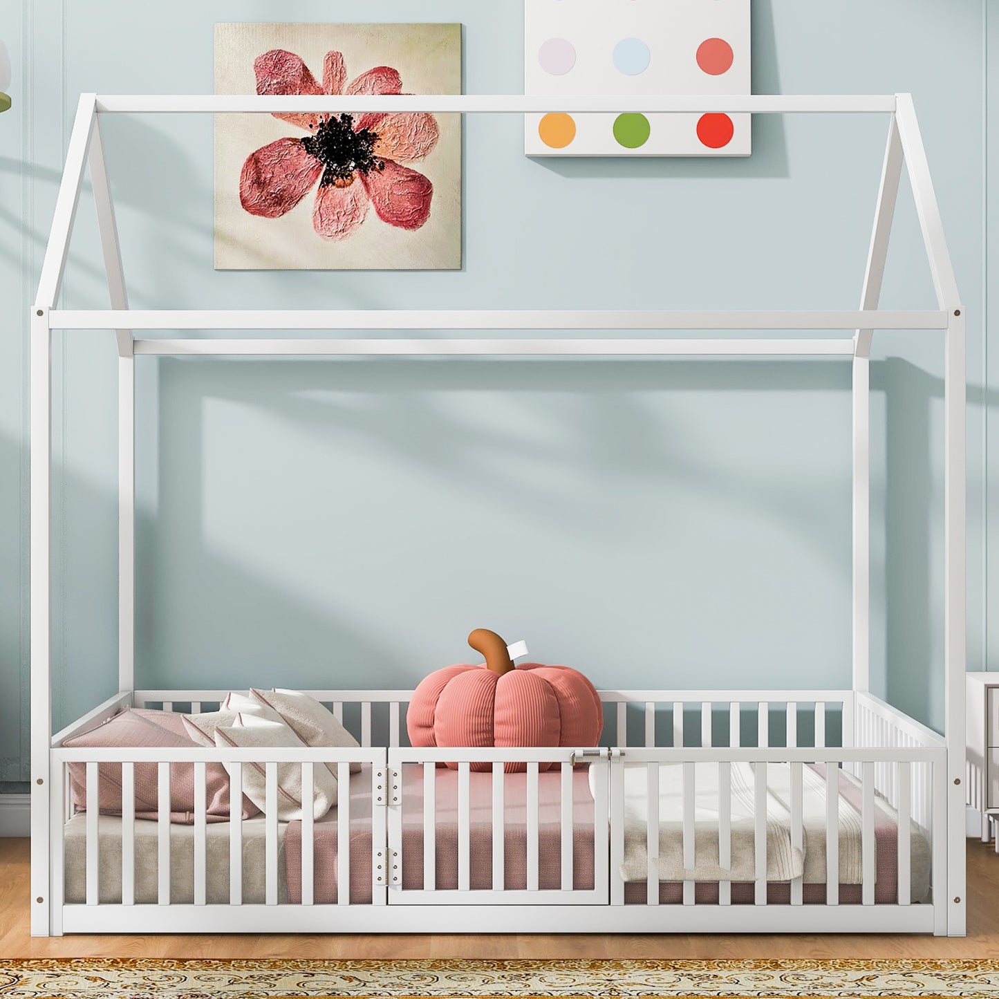 White Metal House Bed with Fence & Door - Full Size for Bedroom