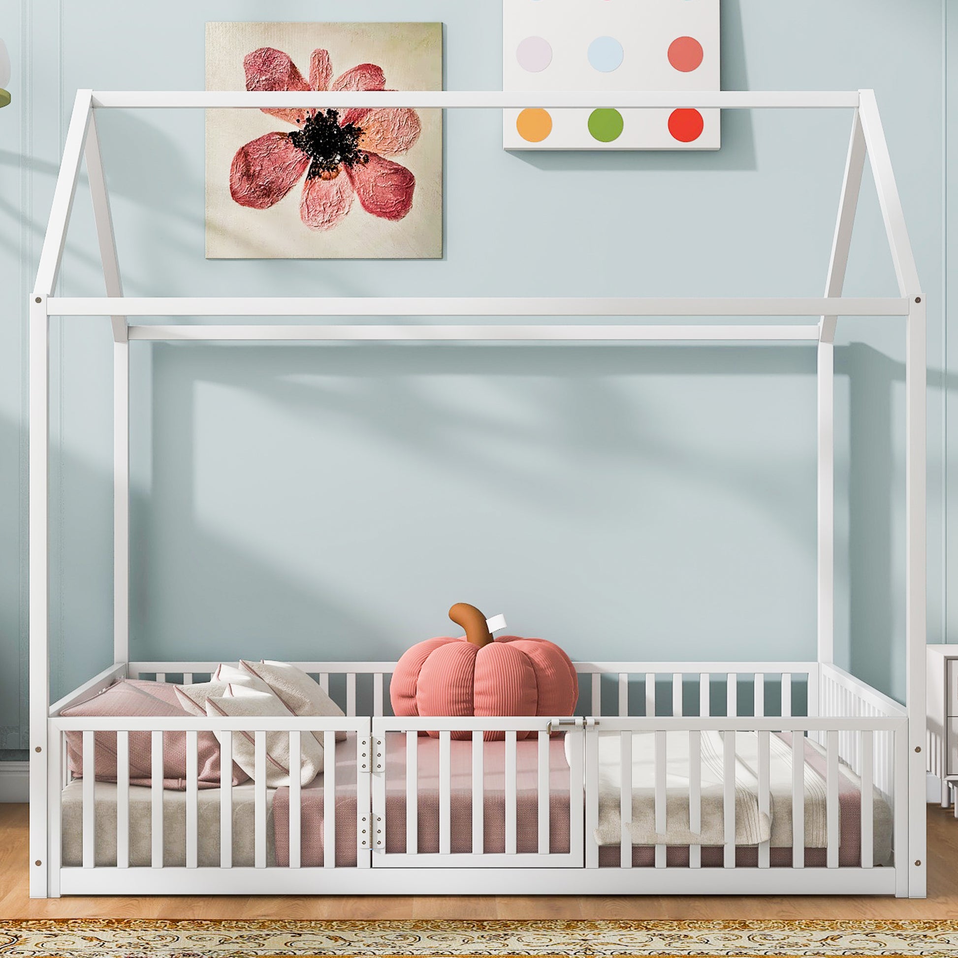 White Metal House Bed with Fence & Door - Full Size for Bedroom