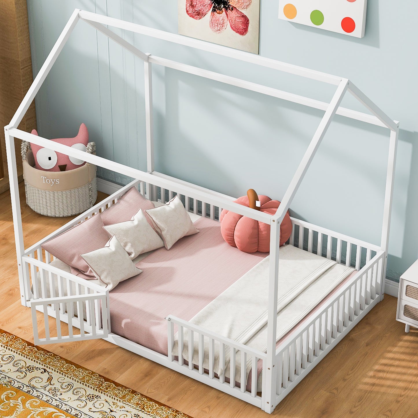 White Metal House Bed with Fence & Door - Full Size for Bedroom