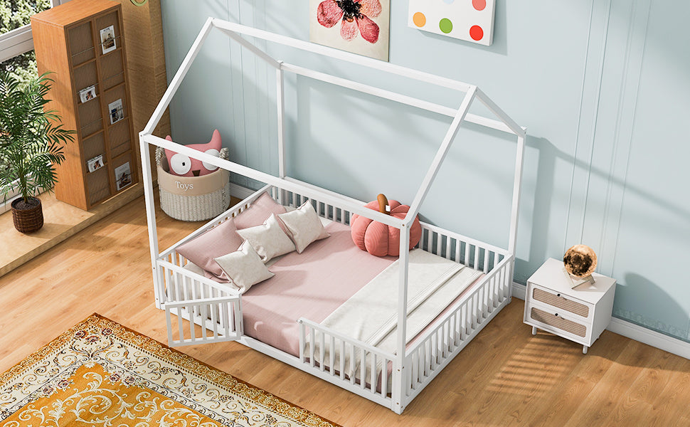 White Metal House Bed with Fence & Door - Full Size for Bedroom