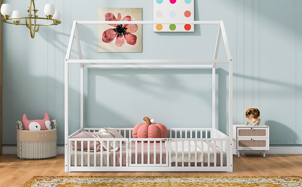 White Metal House Bed with Fence & Door - Full Size for Bedroom
