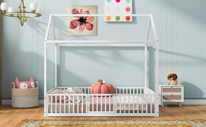White Metal House Bed with Fence & Door - Full Size for Bedroom