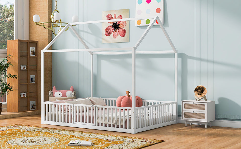 White Metal House Bed with Fence & Door - Full Size for Bedroom