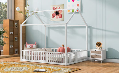 White Metal House Bed with Fence & Door - Full Size for Bedroom